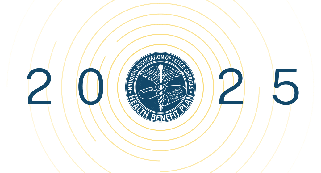 The image features the NALC Health Benefit Plan logo centered between the numbers “2025” with golden concentric rings radiating outward.