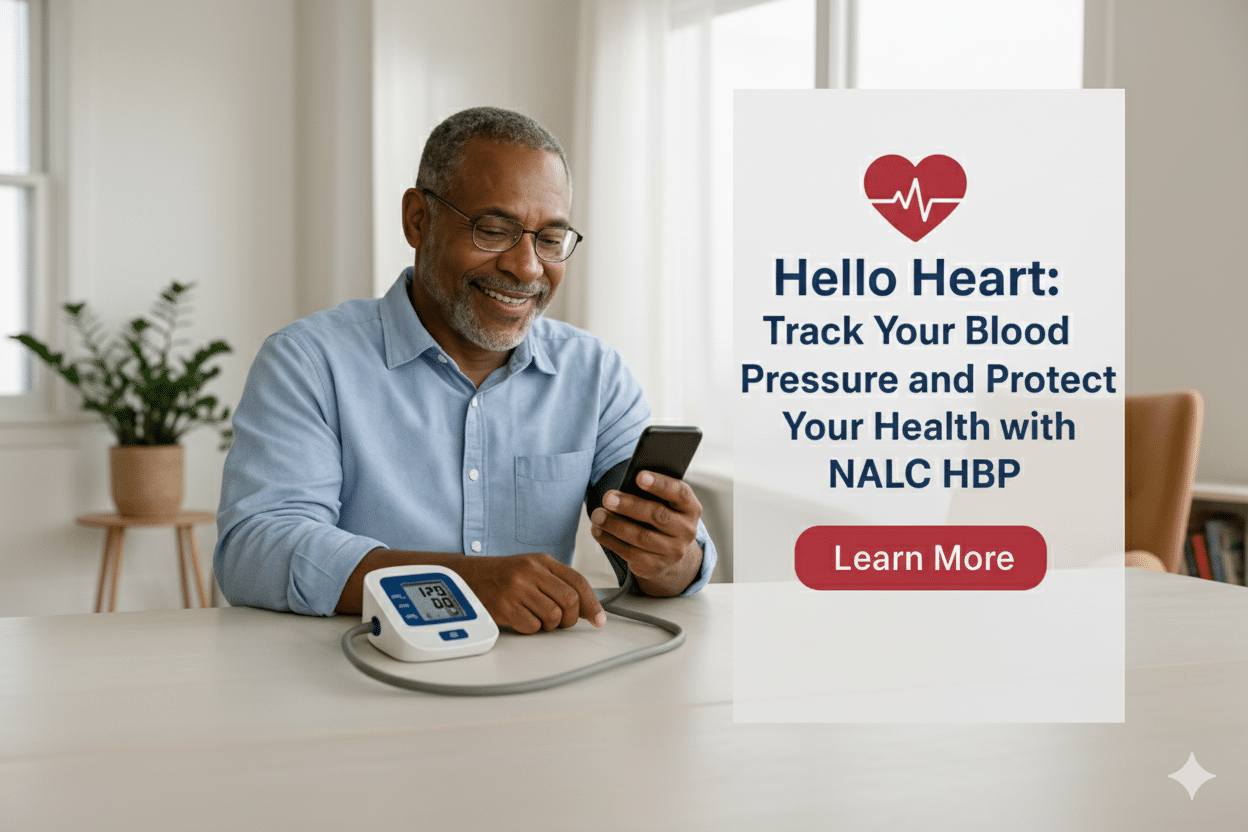 A man smiles while checking his phone and using a digital blood pressure monitor.
