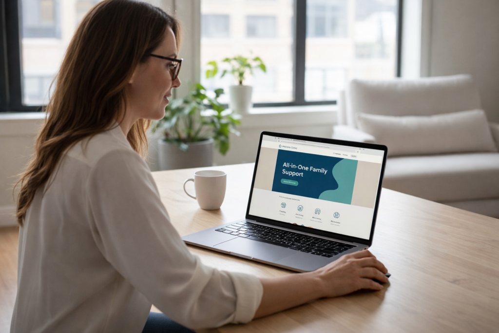 Person using a laptop displaying a family support clinic website at a cozy table.