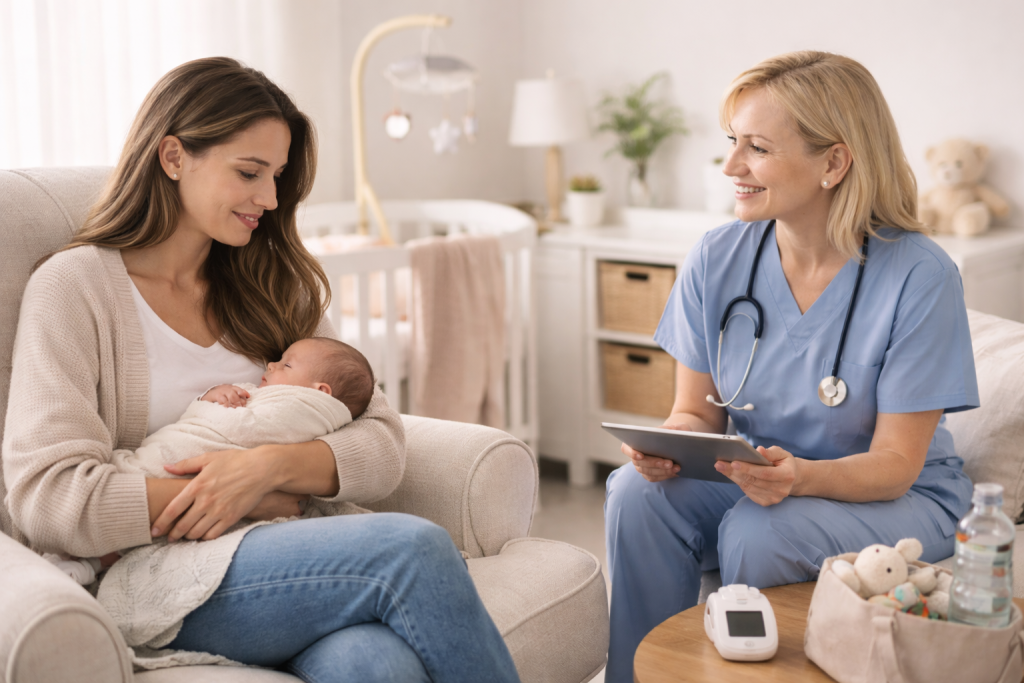 Healthcare professional visiting a mother and newborn at home during a checkup.