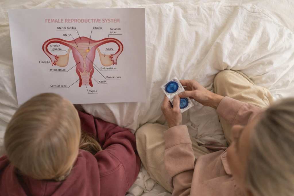 Two people discussing a female reproductive system diagram and condoms on a bed.