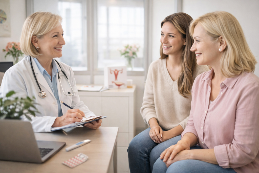 Doctor consulting two patients in an office with a reproductive health diagram in the background.