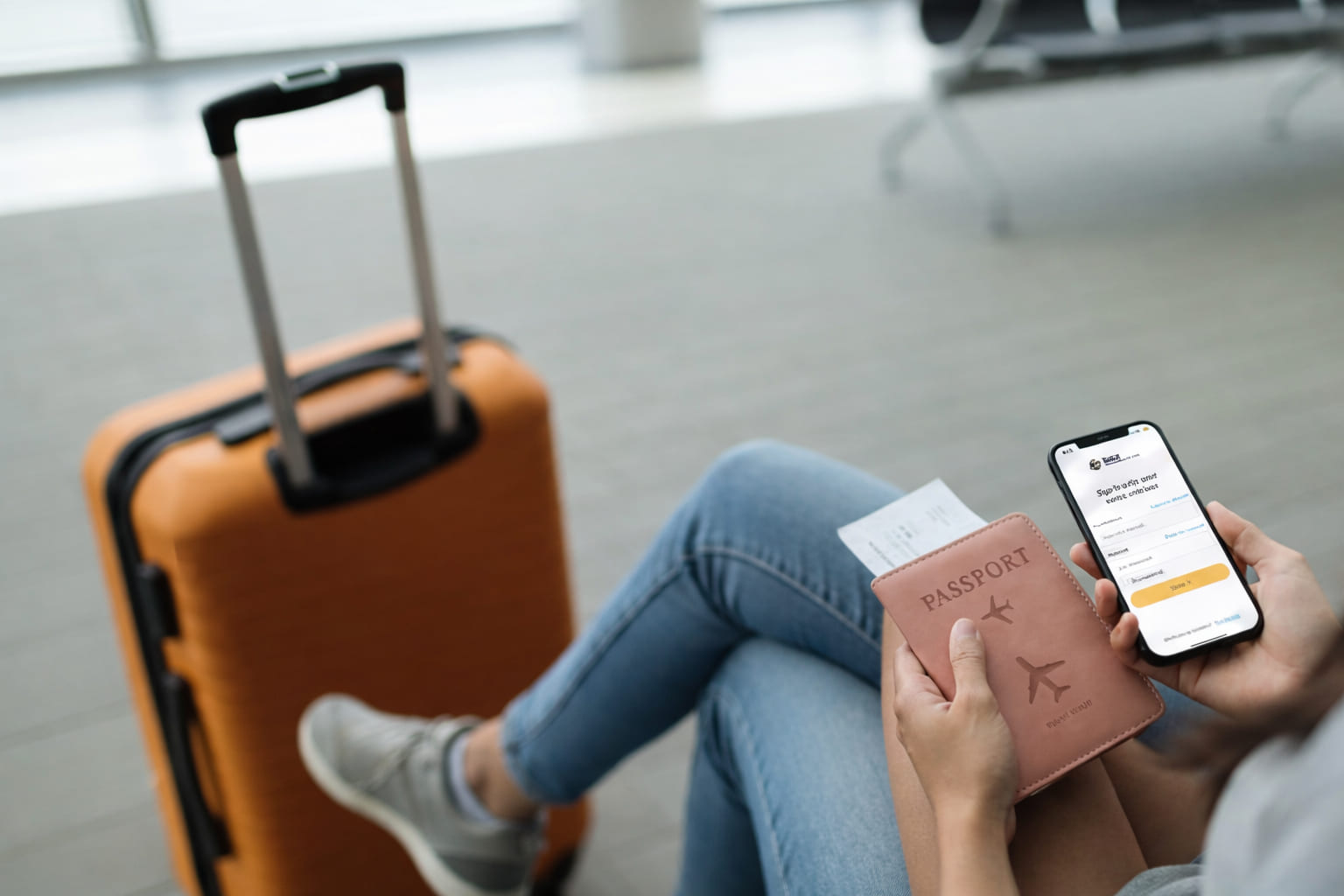 Traveler holding a passport and a smartphone showing the NALC Health Benefit Plan app for international travel coverage and PSHB emergency care.