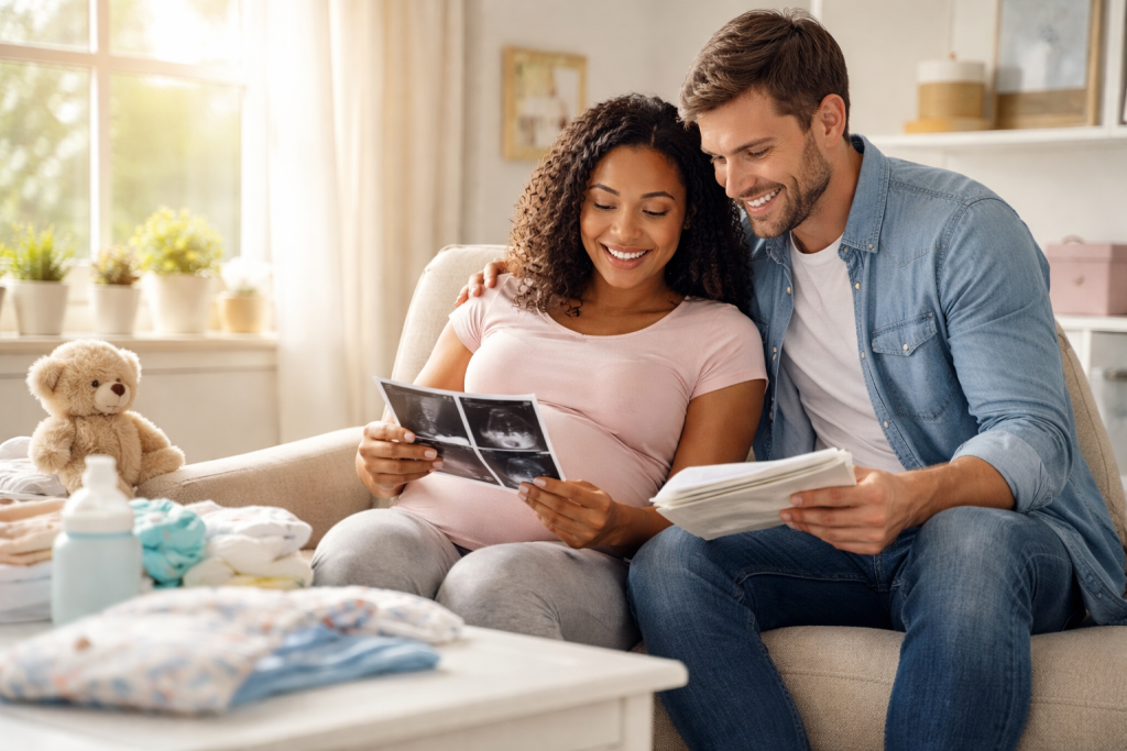 Couple sitting on a couch smiling while looking at ultrasound photos and baby items.