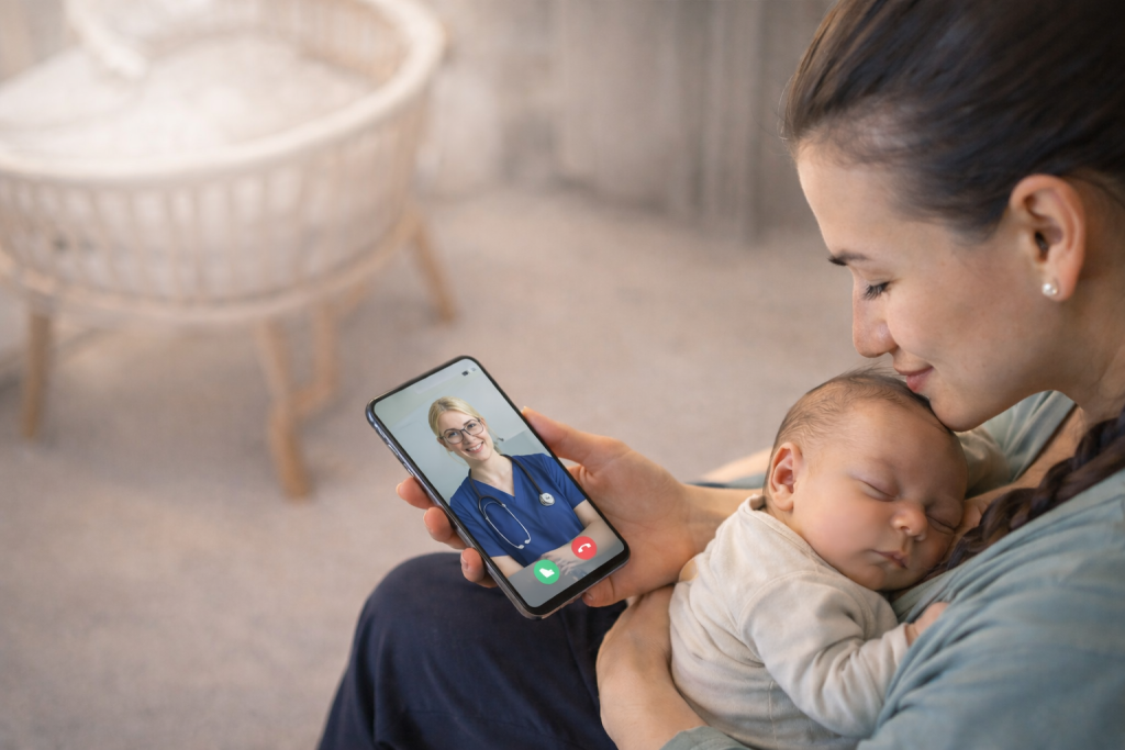 Woman holding a sleeping baby while on a video call with a healthcare professional.