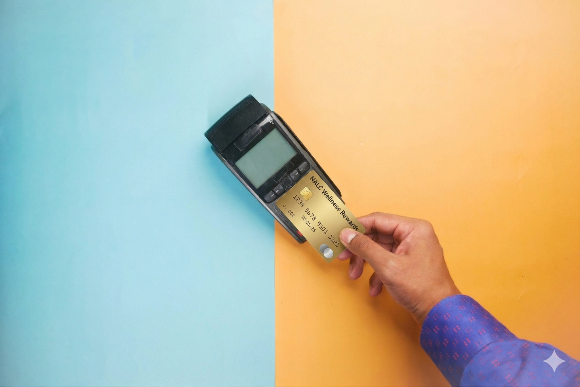 A hand holds a gold 'NALC Wellness Rewards' card against a black payment terminal over a split blue and orange background.