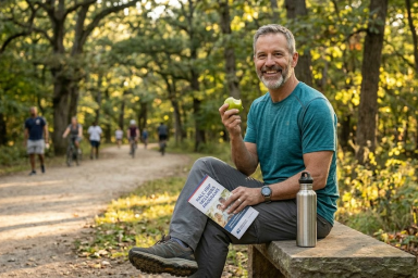A smiling man resting on a park trail bench eating a green apple and holding an NALC HBP Wellness Programs brochure, representing active living and healthy habits.