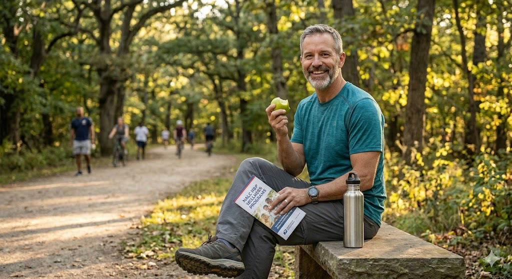 A smiling man resting on a park trail bench eating a green apple and holding an NALC HBP Wellness Programs brochure, representing active living and healthy habits.