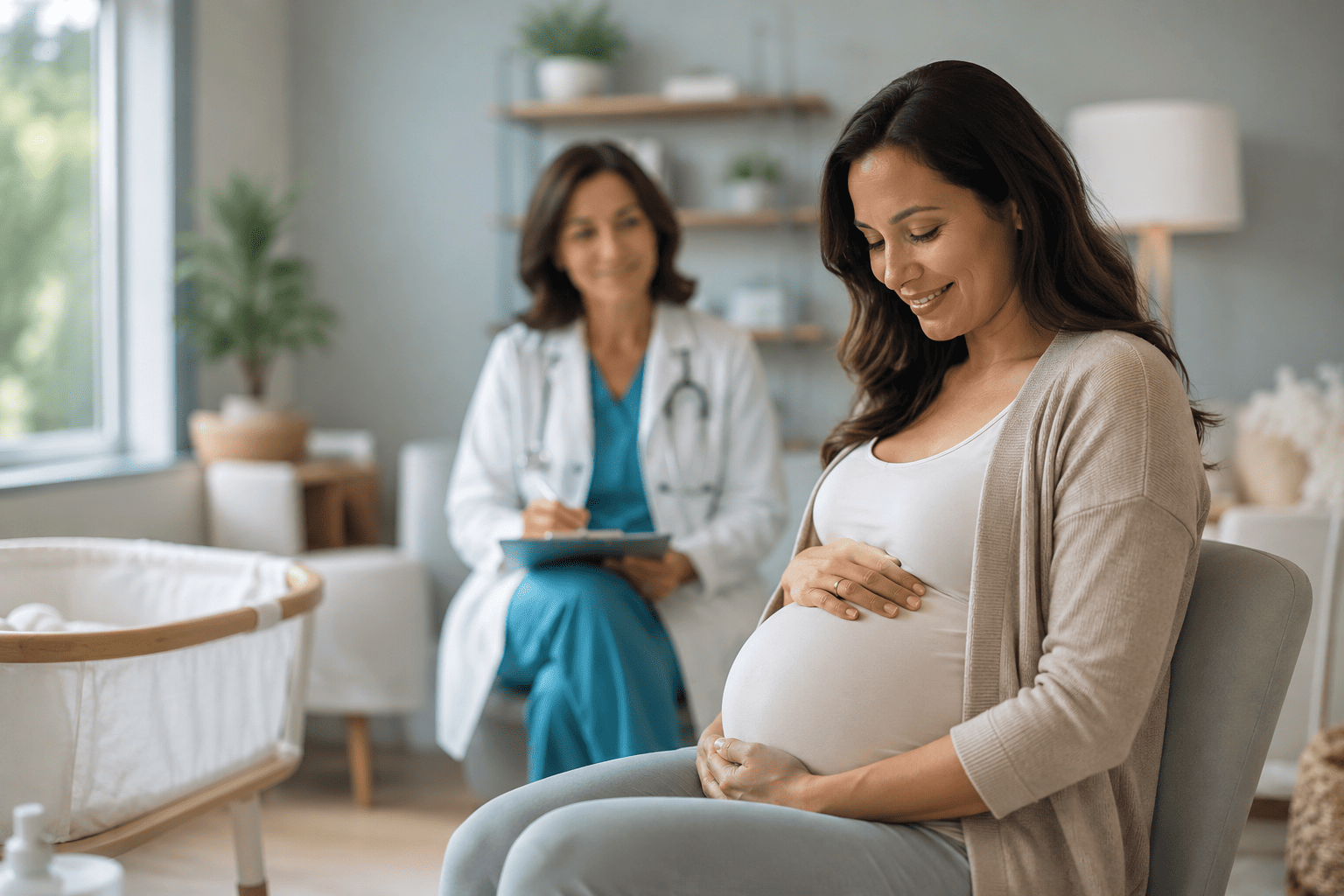 Pregnant woman gently holding her baby bump in a bright, modern maternity care setting, with a healthcare professional in the background. The warm, naturally lit scene reflects fertility support, pregnancy wellness, maternal care, and family health services, symbolizing the personalized guidance and compassionate care available through Maven's fertility and family health benefits.