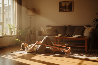 Person engaging in guided virtual physical therapy exercises using the Hinge Health app on a tablet for chronic musculoskeletal pain relief.