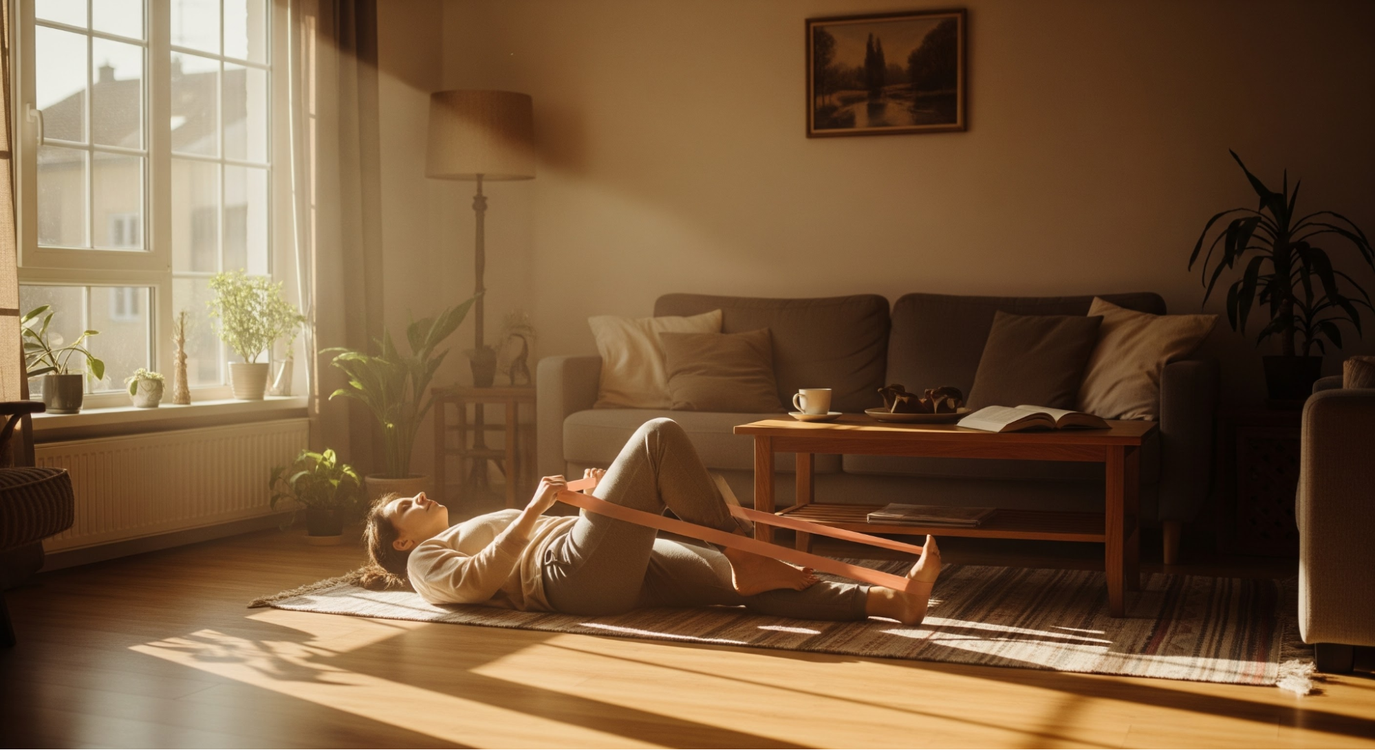 Person engaging in guided virtual physical therapy exercises using the Hinge Health app on a tablet for chronic musculoskeletal pain relief.