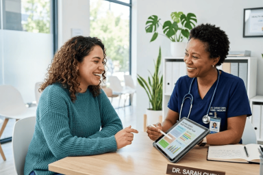 A smiling female healthcare professional in blue scrubs and a patient sit together at a desk in a bright, modern clinic, reviewing a personalized health and wellness plan on a tablet, representing the supportive care team of the CVS Weight Management Program.