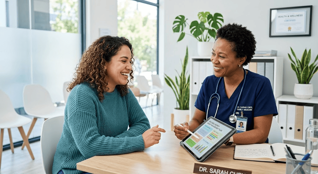 A smiling female healthcare professional in blue scrubs and a patient sit together at a desk in a bright, modern clinic, reviewing a personalized health and wellness plan on a tablet, representing the supportive care team of the CVS Weight Management Program.