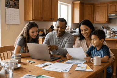 A family gathered around their kitchen table, using a laptop and printed documents to review their current healthcare coverage and compare plan options in preparation for Open Season.