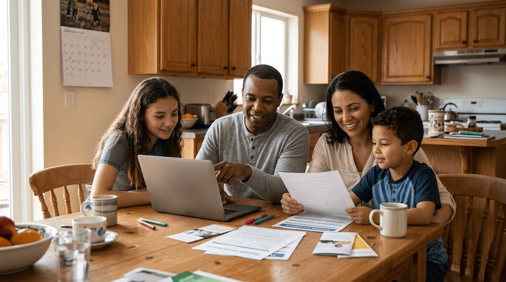 A family gathered around their kitchen table, using a laptop and printed documents to review their current healthcare coverage and compare plan options in preparation for Open Season.